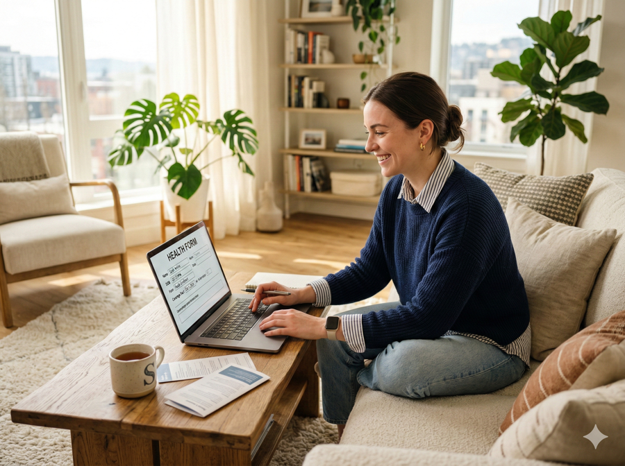Woman browsing compound formulary on laptop in bright living room