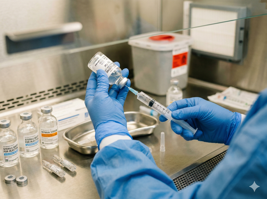 Pharmacist preparing compounded injectable medication in sterile environment